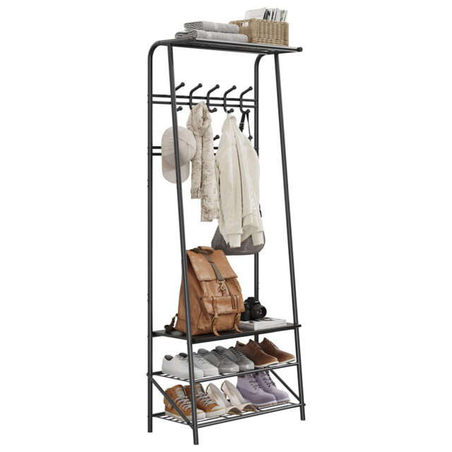 Entryway Hall Tree with Shoe Bench, Double Row Hooks, and Clothes Rail – Wood & Metal Frame, Black – Perfect for Entryway or Bedroom – Double Row Hook