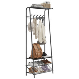 Entryway Hall Tree with Shoe Bench, Double Row Hooks, and Clothes Rail – Wood & Metal Frame, Black – Perfect for Entryway or Bedroom – Double Row Hook