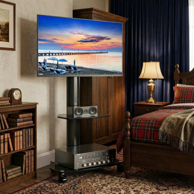 "Swivel Tv Stand On Wheels For 27""- 65"" Holds 50kg Max Vesa 400x400mm"
