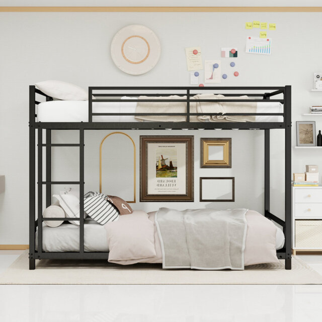 Black Metal Bunk Bed With Safety Railing & Ladder, Mattress Size 90x190cm, Sturdy Frame For Adults & Older Family Members