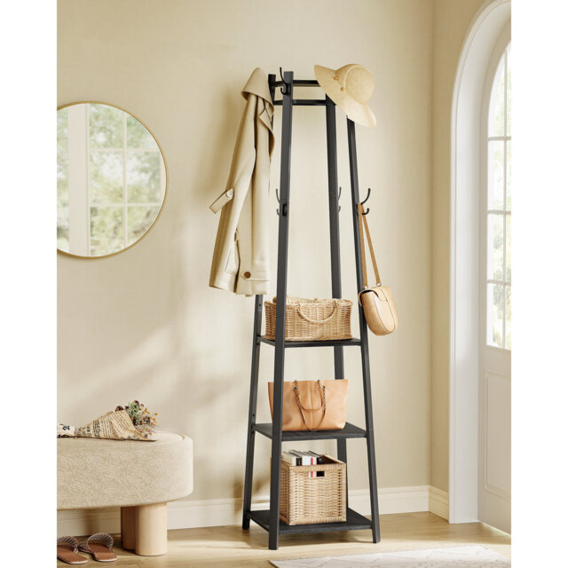 Coat Stand, Coat Rack With 8 Double Hooks, 4 Shelves, Clothes Rails, Metal Frame, For Jackets, Bags, In Hallway, Bedroom, Charcoal Grey And Ink Black
