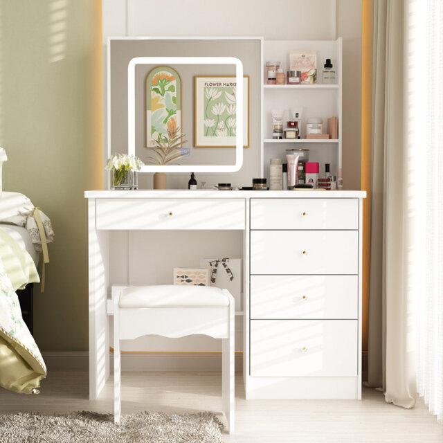 100cm Wide Dressing Table with 3-Colour LED Mirror & 5 Drawers - Compact Vanity with Stool