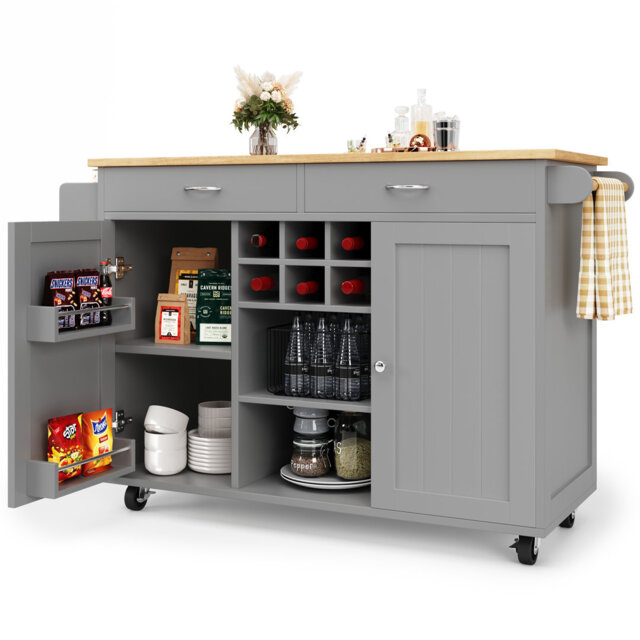 Mobile Kitchen Island With Wood Grain Top And Storage Space