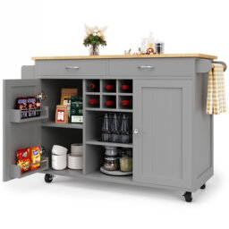 Mobile Kitchen Island With Wood Grain Top And Storage Space