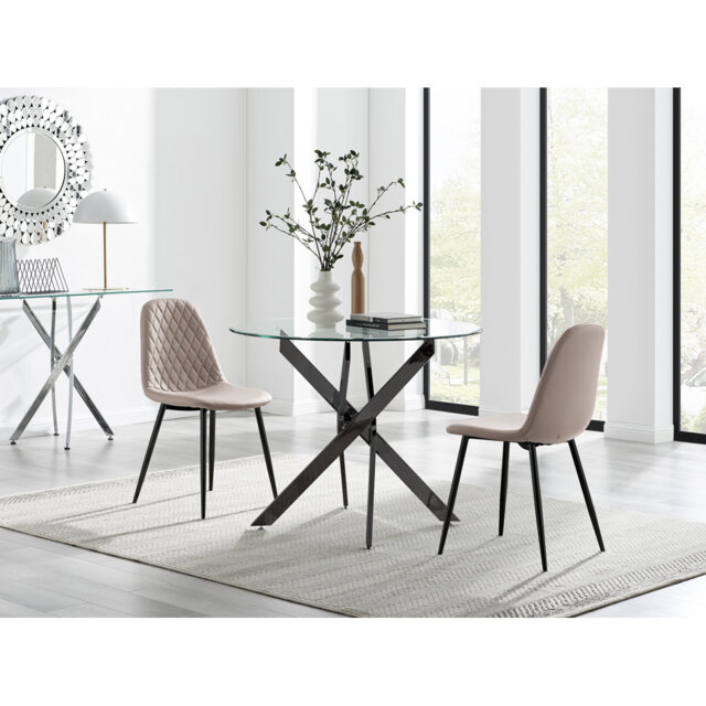Bernell Glass And Chrome Metal 2 Seat Round Dining Set With Luxury Faux Leather Dining Chairs