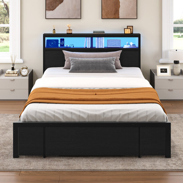 96cm Height Bed Frame with LED Headboard No Box Spring Needed
