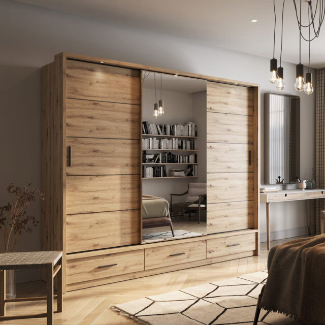 Elegant Arti 1 - 3 Sliding Door Wardrobe 250cm - Oak Artisan Finish, Mirrored Door, Black Handles