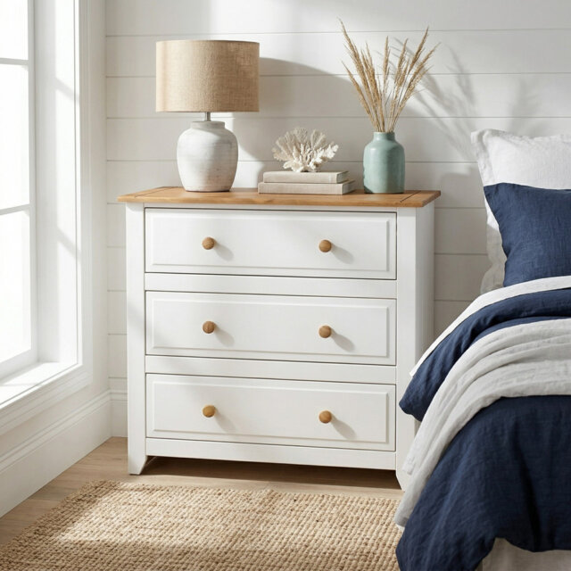 Katalina 3 Drawer Chest, Coastal Single Dresser, Rustic Farmhouse Storage