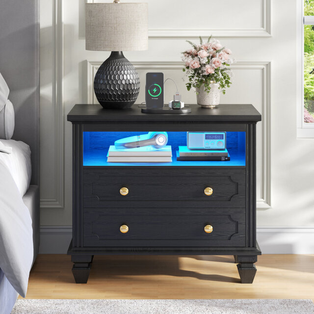 Solid Wood Legs Bedside Table With 2 - Drawer, Charging Station and Motion Sensor Led Light