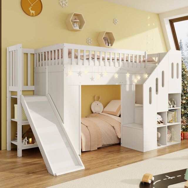 Kids Magic Castle Loft Bed With Slide - Customizable Lower Level, Led Lights & Storage Stairs