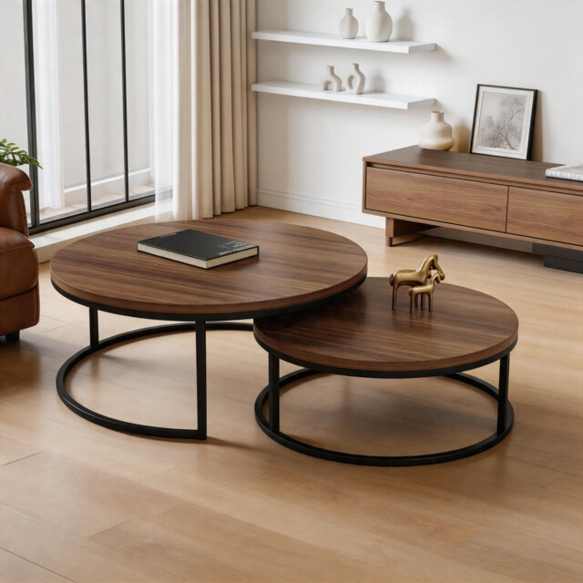 Modern Nesting Coffee Table Set Of 2, Round Side Tables, Black Metal Frame, Walnut Top, Stackable Design For Living Room, Balcony, Bedroom, 80x60cm