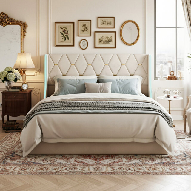 European Double (140X200cm) & King (160X200cm) Velvet Ottoman Bed,  Glam Wingback Storage Frame With LED Lights, Beige