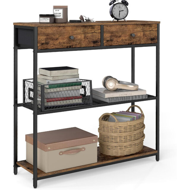 Narrow Console Table with 2 Fabric Drawers 3-Tier Entryway Sofa Table 24 x 76 x 80 cm, Rustic Brown and Ink Black