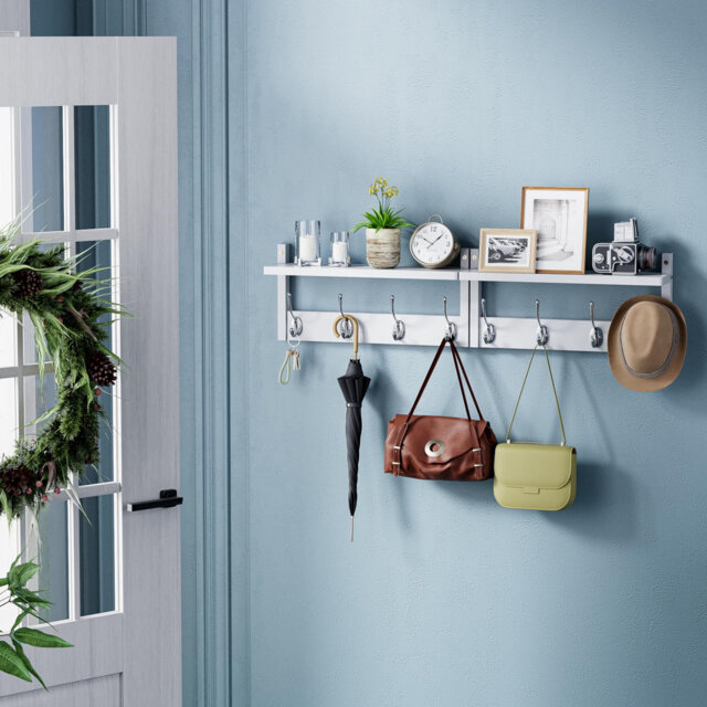 2 Pack Coat Rack Wall Mount, Bamboo Coat Hook With Storage Shelf, Coat Hanger With 8 Dual Hooks, Wall Floating Shelf For Entryway Hallway Kitchen, Bat