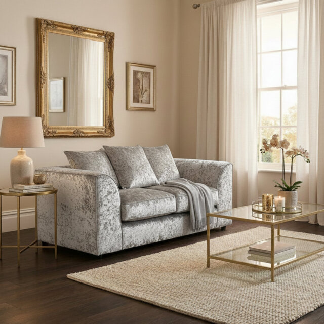 2 Seater Crushed Velvet Fabric Sofa With Crystal Scatter Cushions
