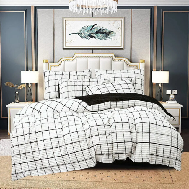 Luxury Teddy Fleece Bedding Set Warm Winter Check Duvet Cover With Pillowcase