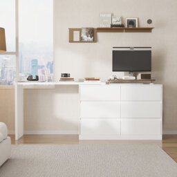 L-Shaped Computer Desk with 6 Drawers, Reversible Writing Desk, Corner Desk for Home Office White