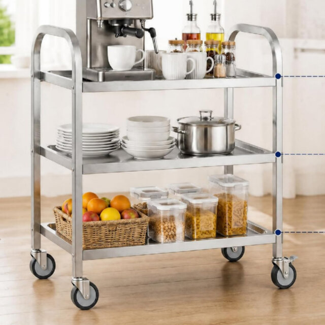 3 Tier 95 x 50 x 95cm Large Rolling Catering Storage Cart ,Serving Utility Trolley with Locking Wheels Silver