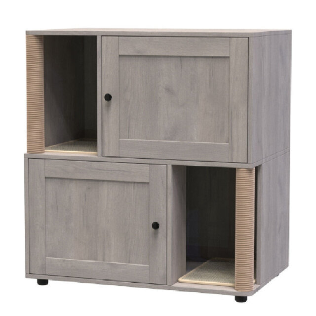 2 Tier Enclosed Litter Box Enclosure with Scratching Post and Dual Mats, Double Litter Box Enclosure Furniture for 2 Cats, Wood Cat Kitty House Cabine