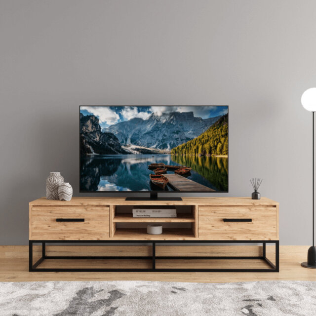 Lidya 180 cm Metal Legged TV Stand – Sleek Atlantic Pine Entertainment Center