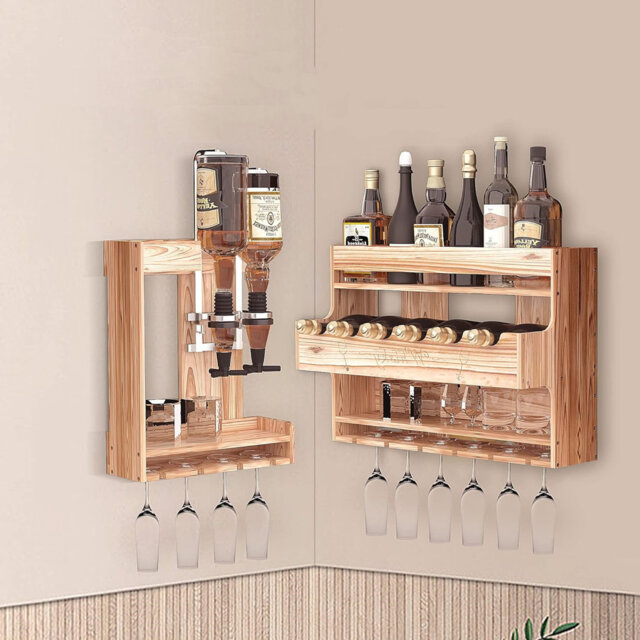 Set Of 2 Wall Mounted Wine Rack And Beverage Dispenser,Integrated Design,Brown