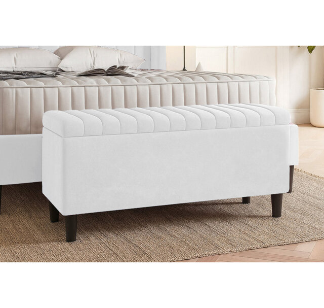 Plush Velvet Lined Upholstered Ottoman Storage Box with Wooden Legs