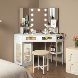 Dressing Table with Motion Sensor 3-colour lighting, Charging Socket, Storage Drawers and Stool