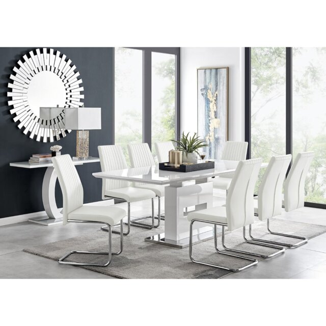 Alezzo Modern High Gloss Extendable Dining Table Set with 8 Upholstered Faux Leather Dining Chairs
