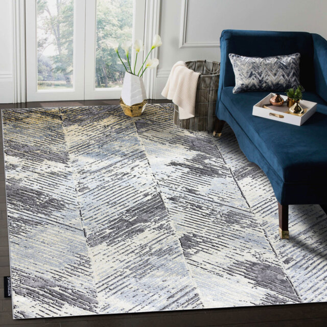Modern de Luxe rug for the living room, bedroom, vintage herringbone pattern - textured gold / gray