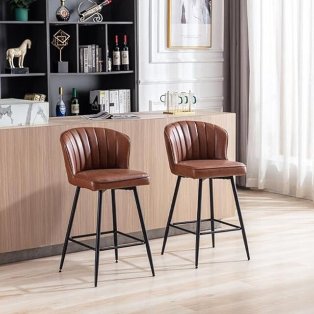 Wahson Bar Stools Set of 2 in PU Leather Modern Counter Chairs with Shell Designed Backrest for Home Bar Restaurant, Brown