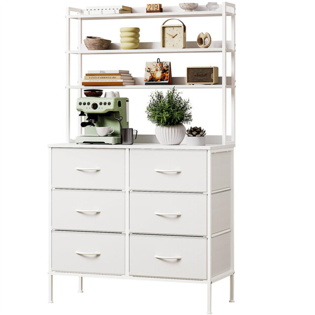 Bedroom Chest Of Drawers, 3-Tier Wooden Storage Shelf, 80Cm Dressing Table With 6 Cloth Drawers, 3-In-1 Multi-Purpose Fabric Dresser, Display Shelf,