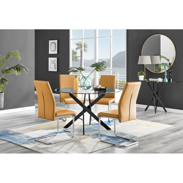 Tierra Modern Chrome Metal & Glass Round Dining Table Set with 4 Upholstered Faux Leather Chairs