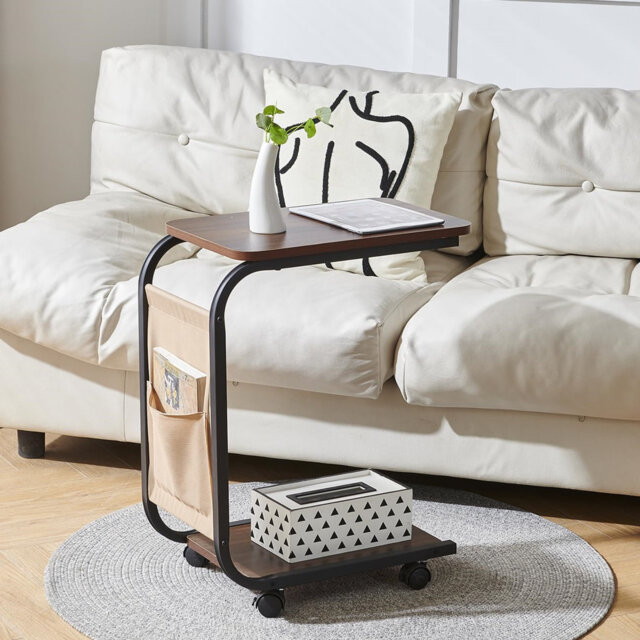 C-Shape Side Table, Under Sofa Table For Living Room, Space Saving End Table With Storage Basket & Wheels, Mobile Laptop Desk Snack Table For Home Off