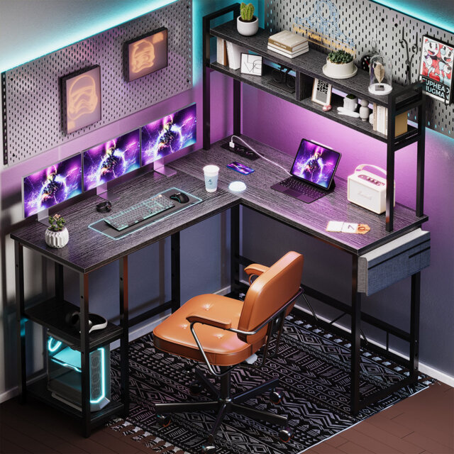 L-Shape Computer Desk 160cm x 50cm x 75cm with Adjustable Storage Rack