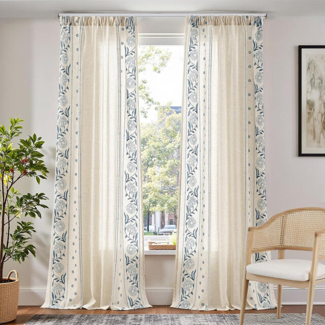 Floral Linen Look Voile Curtains 127 x 229 cm, Light Filtering Sheer Living Room Curtain 2 Panels, Blue
