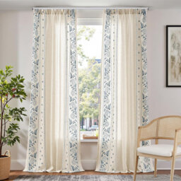 Floral Linen Look Voile Curtains 127 x 229 cm, Light Filtering Sheer Living Room Curtain 2 Panels, Blue