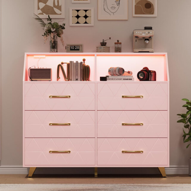 Modern 6-Drawer Dresser with LED Lights & Charging Station - Triangle Pattern, Black Wooden Chest, Gold Legs for Bedroom/Living Room