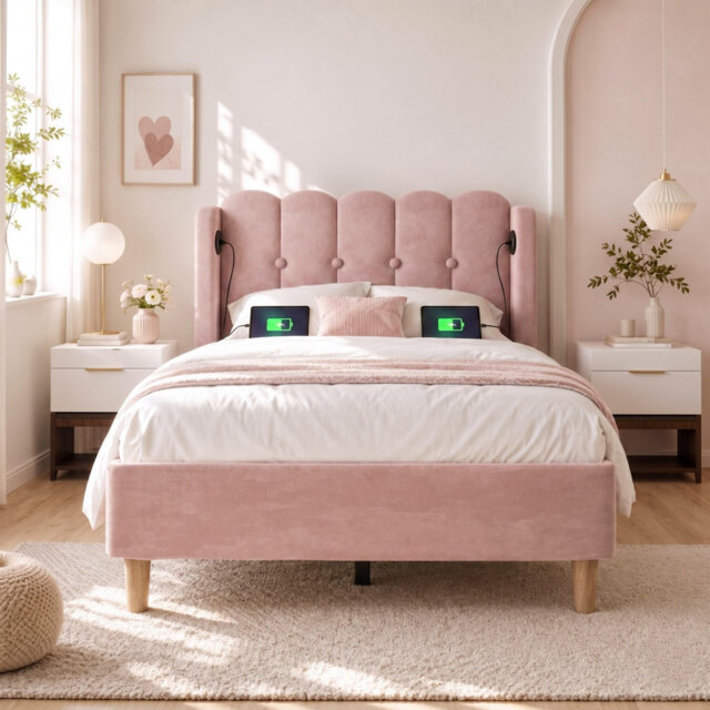 Bed Frame with USB & Type-C Charging Solid Wooden Frame Velvet Upholstery 3FT Single Bed 90x190cm for Bedroom Guest Room