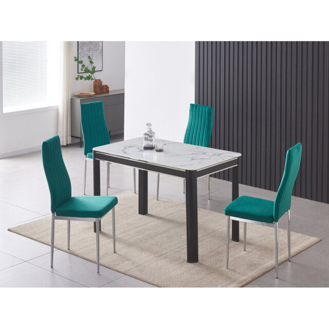 Hannahs White Marble Effect Dining Table With 4 Monza Velvet Chairs