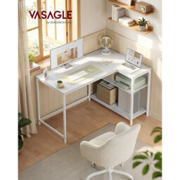 Corner Computer Desk With Adjustable Storage Shelves, L Shaped Gaming Table For Office, White