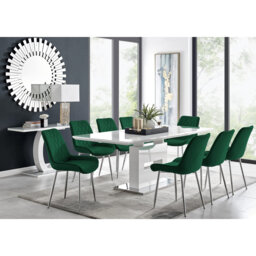 Alezzo Modern High Gloss Extendable Dining Table Set with 8 Luxury Velvet Dining Chairs