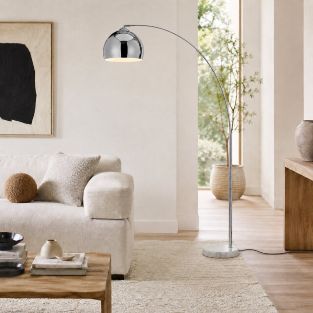 "Bonita Arquer 66.93"" Arc Floor Lamp, Faux Marble Base and Bell Shade for Living Rooms or Offices"
