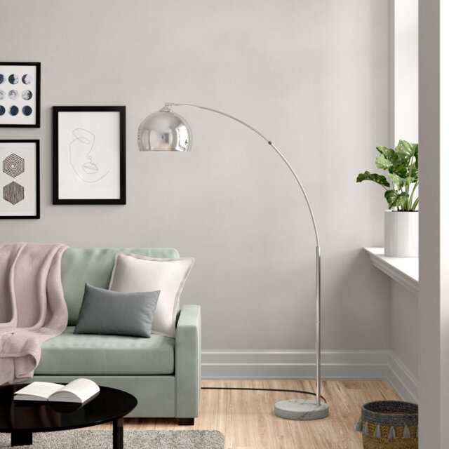 "Bonita Arquer 66.93"" Arc Floor Lamp, Faux Black Marble Base and Black Bell Shade"