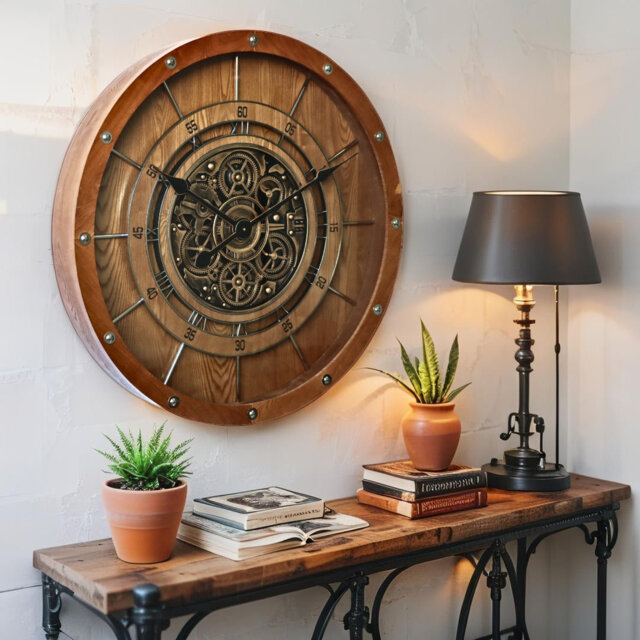Wall Clock with Real Moving Gears FR-LI_ 32 in Round VINTAGE-BLACK