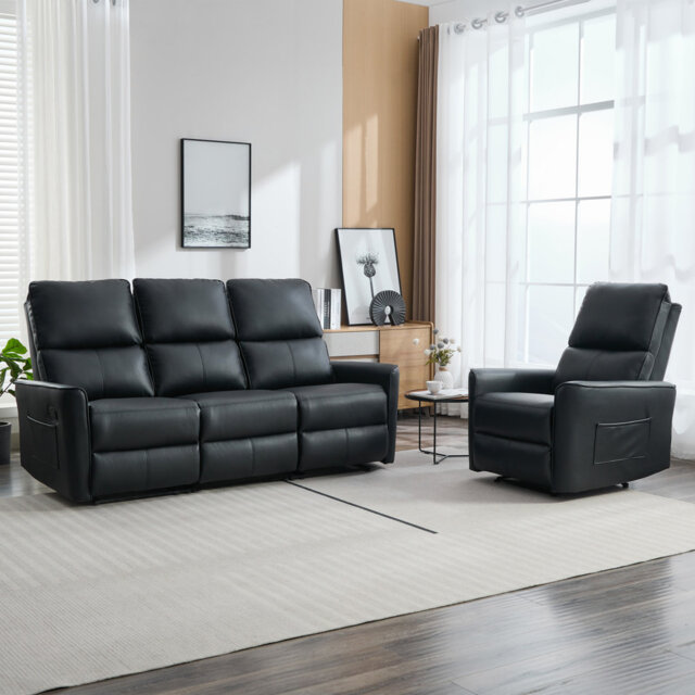 MADRID 1+3 SEATER MANUAL AIR LEATHER RECLINER SOFA SET BLACK