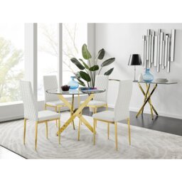 Tierra Modern Metal & Glass Round Dining Table Set with 4 Quilted Faux Leather Chairs