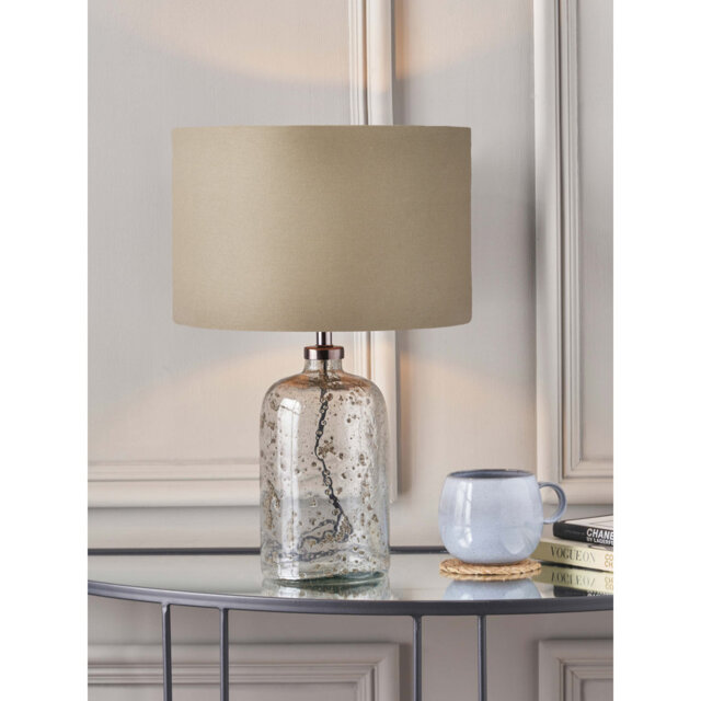 Belem Small Grey Bubble Glass Table Lamp Base with Henry 30cm Taupe Handloom Cylinder Lampshade