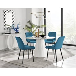 Edzard Statement Round Dining Table Set in Luxury Marble Effect & 4 Velvet Dining Chairs