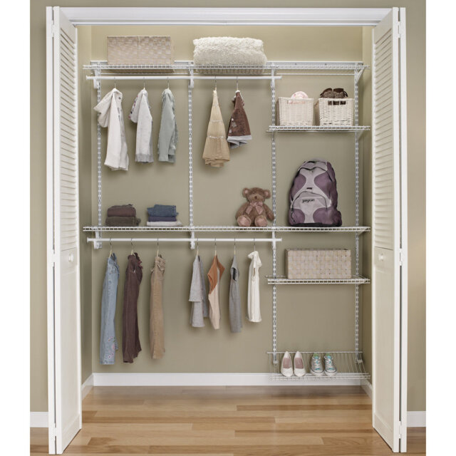 Heavy Duty Adjustable Wardrobe System with Shoe Shelf and Clothes Rail 2.4m Wide White Wire Shelving by ClosetMaid ShelfTrack