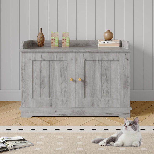 Cat Litter Box Enclosure, Wooden Cat Washroom Furniture with Barn Door, Hidden Litter Box Cover, Dog Proof Feline Litter Boxes, Kitty House, Fit Most